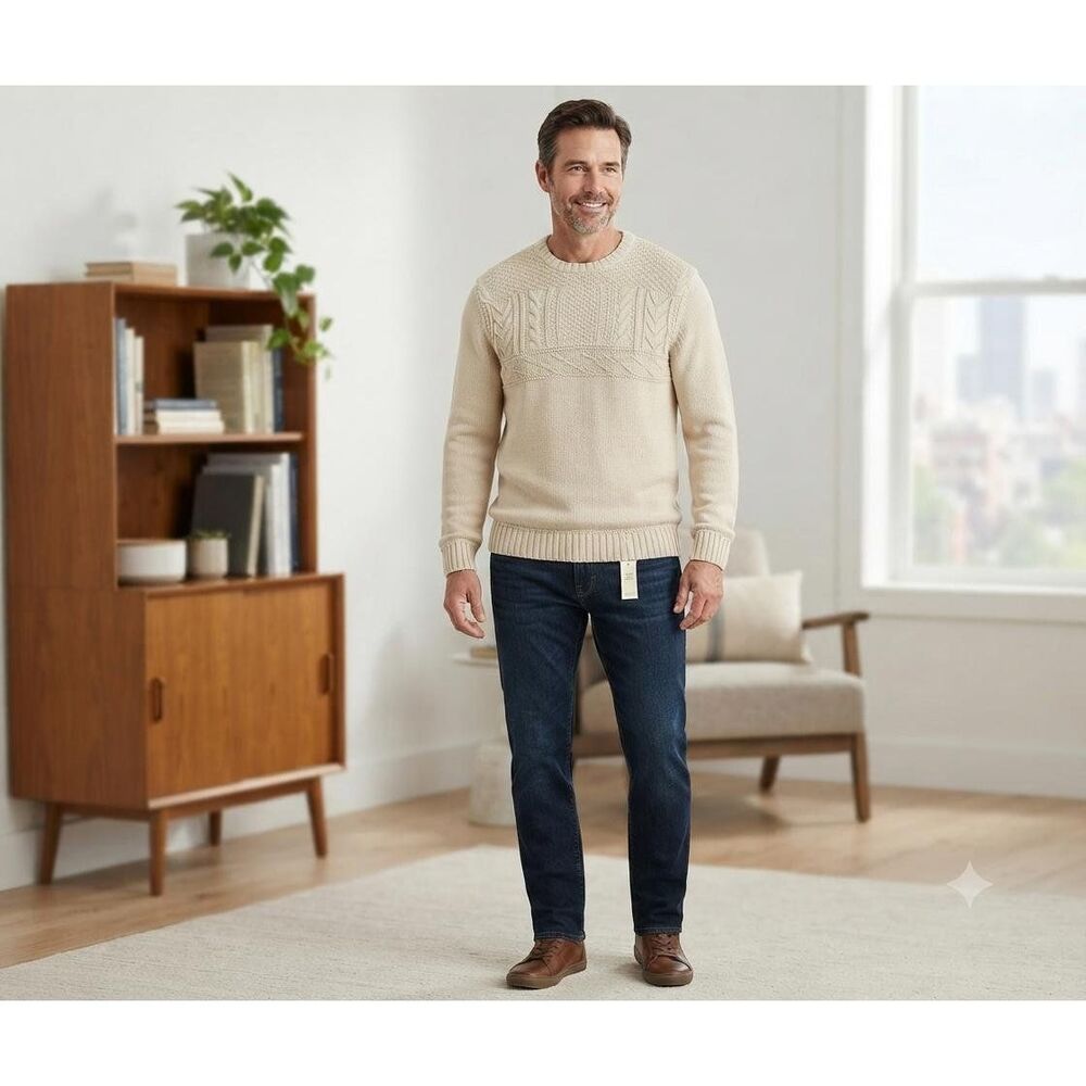 Lands' End Men's Beige Cotton Cable Knit Fisherman Crewneck Sweater Size L 42-44